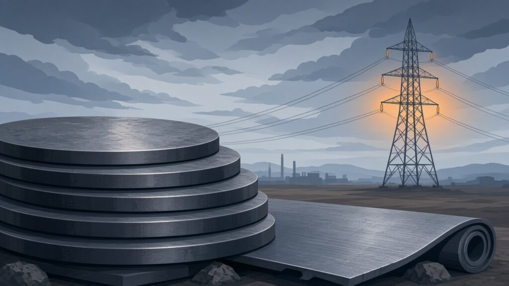 Illustration of stacked steel plate in front of an electricity pylon